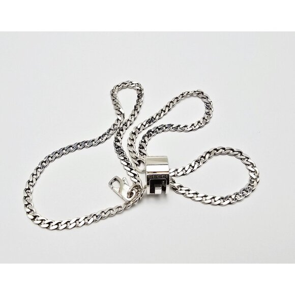 Gucci G Cut Out Round Circle Sterling Silver Charm Pendant Curb Chain Necklace - Picture 6 of 16